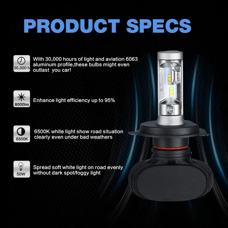 2 peças S1 Auto H3 H8 H11 H4 LED H7 Lâmpada Farol de Carro Farol Alto Baixo 50W 8000LM 12V 24V Kit de Farol de Neblina Chips CSP/SMD Luzes de Carro