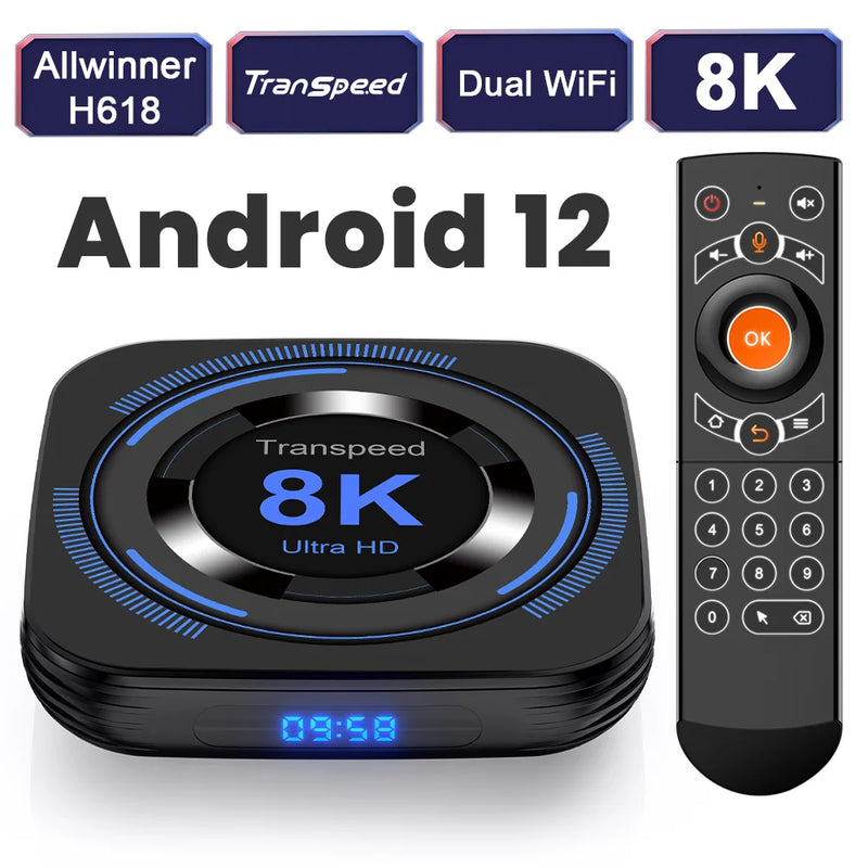 Trans Peed Android 12 TVB Ox All Winner H618 Dual WiFi Quad Core Cortex A53 Suporte 8K Vídeo 4K BT Voz Media Player Set Top Box