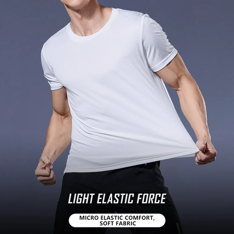 Camiseta masculina de manga curta com secagem rápida para academia e corrida, com absorção de umidade e gola redonda, para treino e exercícios, camiseta esportiva leve