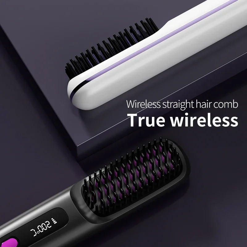 Pente elétrico de cabelo liso com aquecimento de cerâmica USB LCD, ferramenta de modelagem sem fio portátil com íons negativos, escova alisadora recarregável