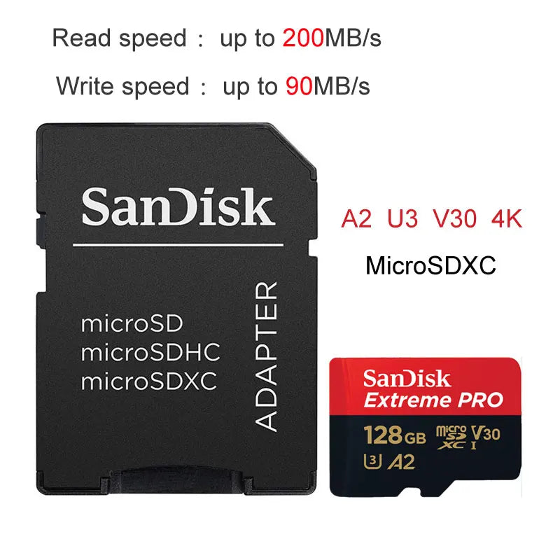 Cartão de memória SanDisk Extreme Pro Micro SD 256 GB UHS-I, cartão Micro SD 128 GB, cartão TF 64 GB, 200 MB/memória em classe 10 U3 V30 A2, capa para carro