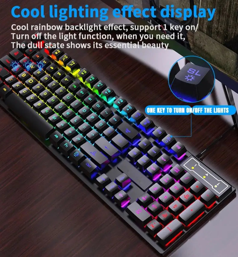 Teclado com fio de 104 teclas com retroiluminação RGB, luz respirável, conjunto de teclado e mouse ergonômico para jogos, laptop, Gamer Office