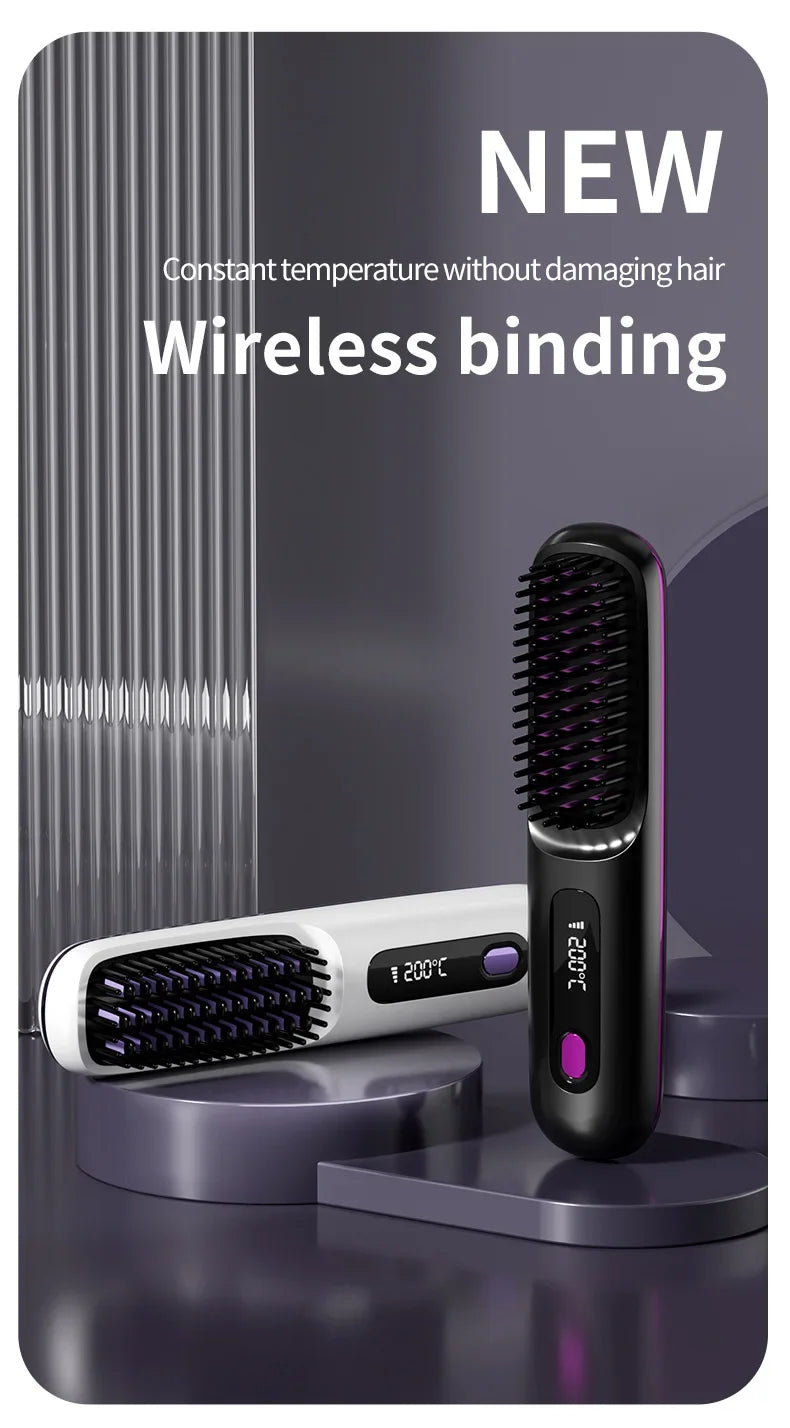 Pente elétrico de cabelo liso com aquecimento de cerâmica USB LCD, ferramenta de modelagem sem fio portátil com íons negativos, escova alisadora recarregável