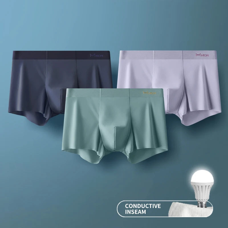 MIIOW 3 Peças Cueca Boxer Masculina de Seda Gelada Fibra Metálica Antiestática Cuecas Masculinas Sem Costura Bainha de Corte Cuecas Masculinas Boxers Shorts Trunk