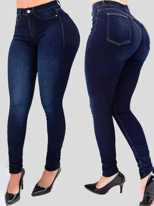 jeans de cor pura jeans de cintura alta