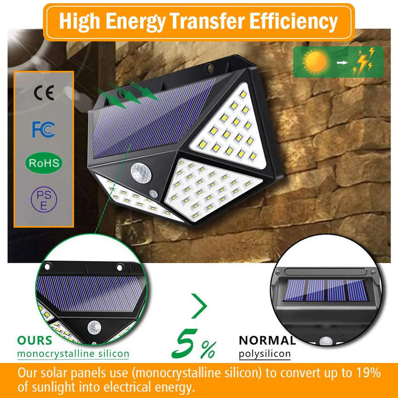 Luzes solares externas à prova d'água 100 LED lâmpada de parede sensor de movimento luz solar luz de rua para jardim varanda quintal garagem