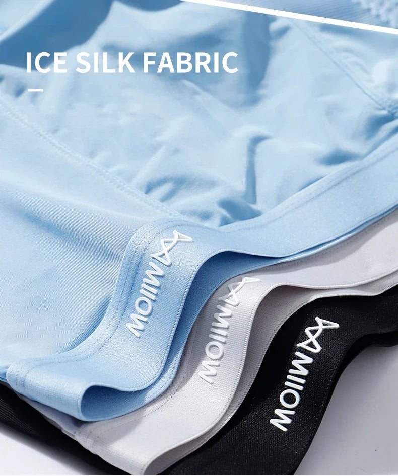 MiiOW 3 peças cuecas boxer masculinas de seda fina e gelada, grafeno, antibacteriano, roupa íntima masculina respirável e refrescante