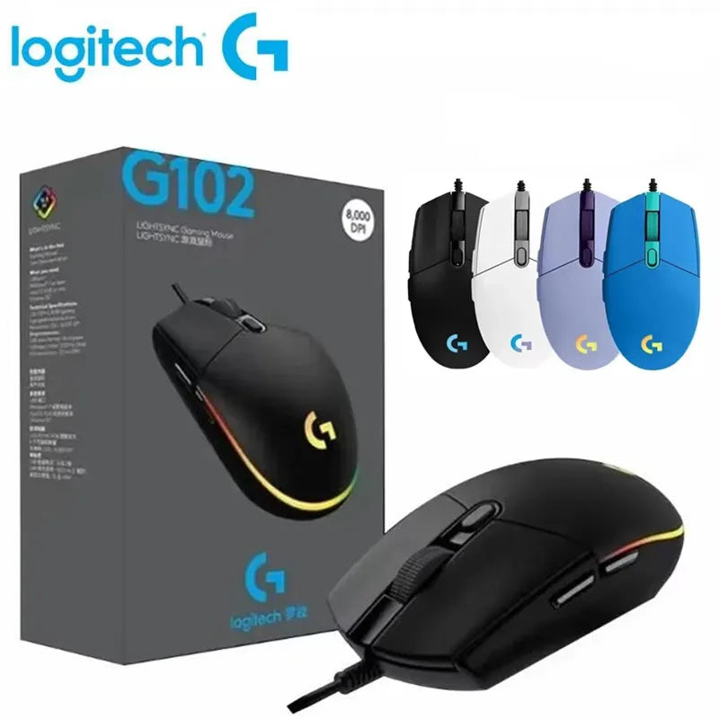 Mouse gamer Logitech G102 com fio USB, tela com efeito óptico de arco-íris de 8000 DPI para PC/Mac e laptop