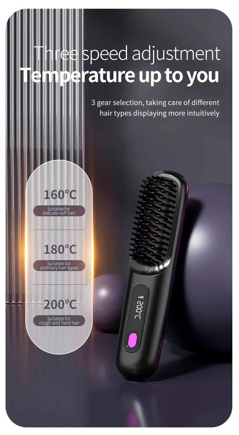 Pente elétrico de cabelo liso com aquecimento de cerâmica USB LCD, ferramenta de modelagem sem fio portátil com íons negativos, escova alisadora recarregável