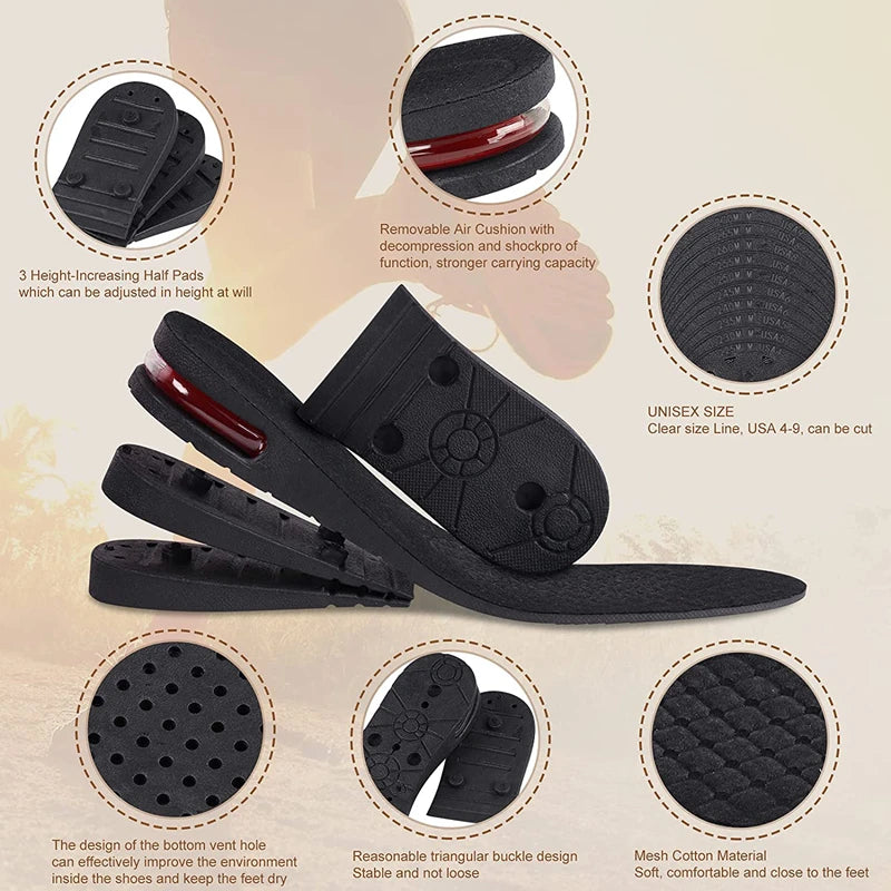 Palmilhas de aumento de altura com almofada de ar, palmilhas de elevação para sapatos, palmilhas para mulheres mais altas, palmilhas de 3 a 9 cm de altura variável