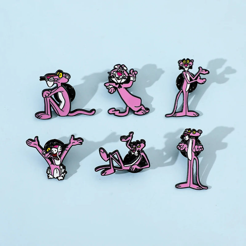 Broche criativo de desenho animado com 6 peças, broche de esmalte engraçado de pantera rosa, broche de metal, joias, roupas, mochila, acessórios, presente para amigos