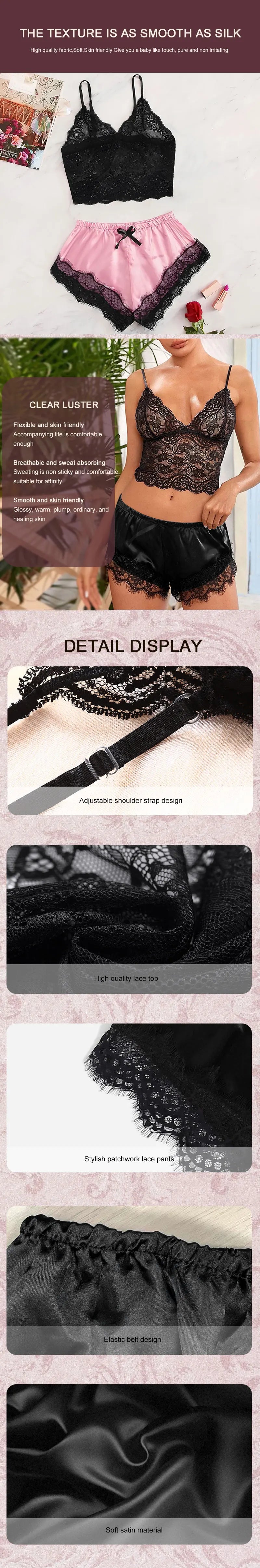 Conjunto de pijamas femininos 2 peças, verão 2025, novo, sexy, renda transparente, preto, rosa, roupas fofas, confortáveis, respiráveis, suspensórios e shorts