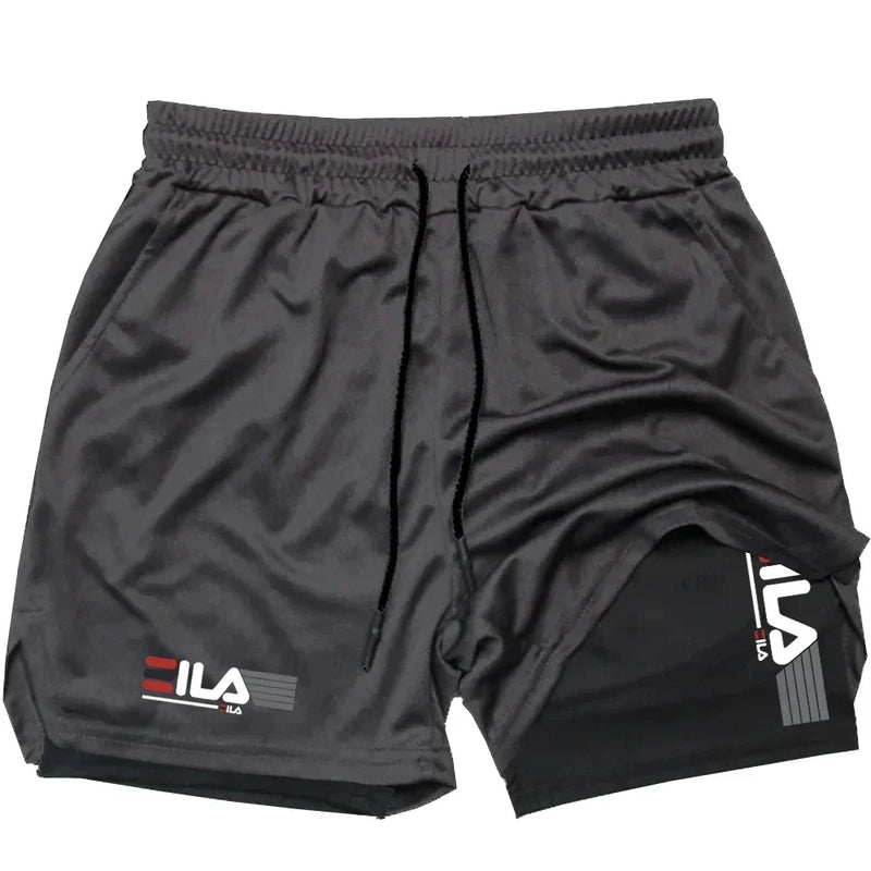Shorts esportivos masculinos dois em um, respiráveis, casuais, de secagem rápida, de camada dupla, para corrida e esportes de verão, tamanho P-3XL