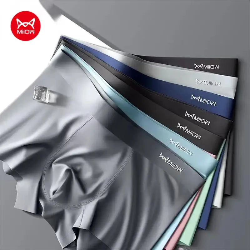 MIIOW 3 Peças Cueca Boxer Masculina de Seda Gelada Fibra Metálica Antiestática Cuecas Masculinas Sem Costura Bainha de Corte Cuecas Masculinas Boxers Shorts Trunk