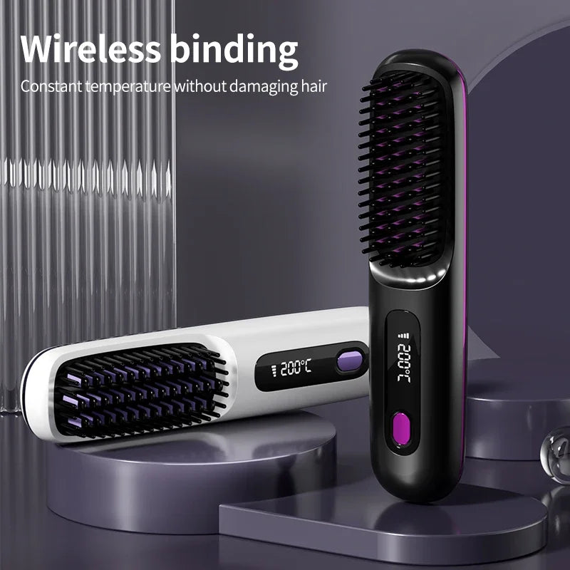 Pente elétrico de cabelo liso com aquecimento de cerâmica USB LCD, ferramenta de modelagem sem fio portátil com íons negativos, escova alisadora recarregável