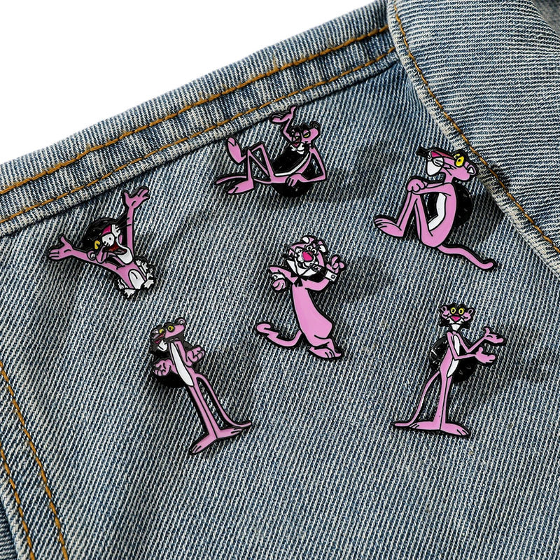 Broche criativo de desenho animado com 6 peças, broche de esmalte engraçado de pantera rosa, broche de metal, joias, roupas, mochila, acessórios, presente para amigos