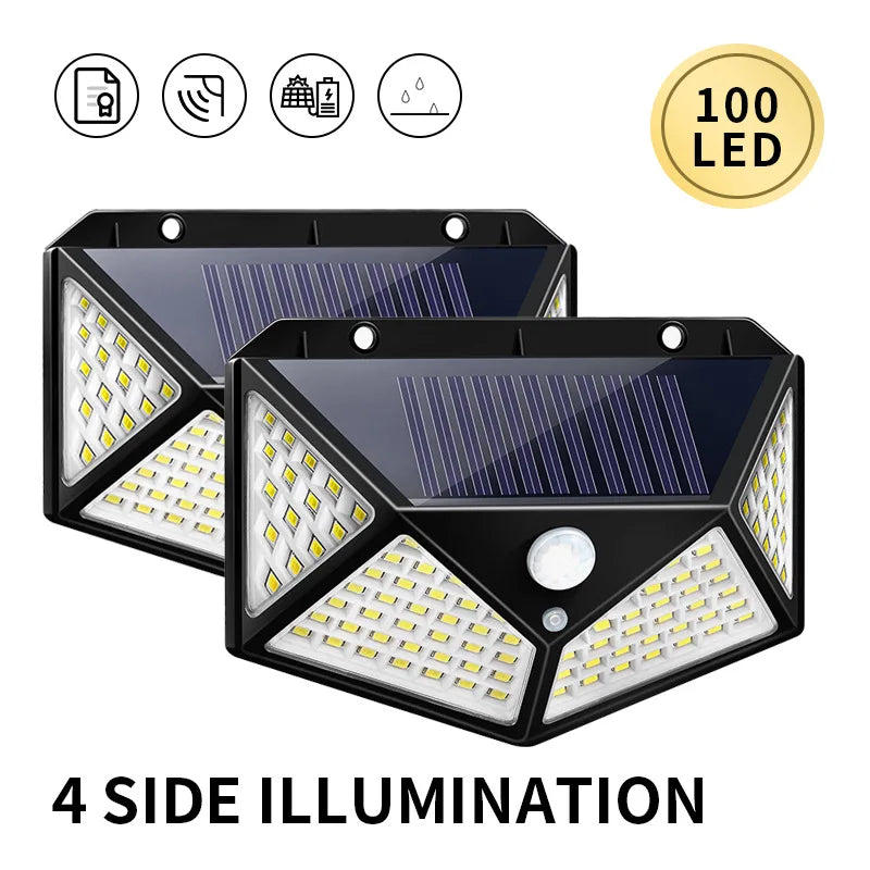 Luzes solares externas à prova d'água 100 LED lâmpada de parede sensor de movimento luz solar luz de rua para jardim varanda quintal garagem
