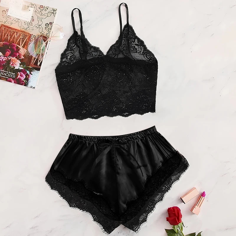 Conjunto de pijamas femininos 2 peças, verão 2025, novo, sexy, renda transparente, preto, rosa, roupas fofas, confortáveis, respiráveis, suspensórios e shorts