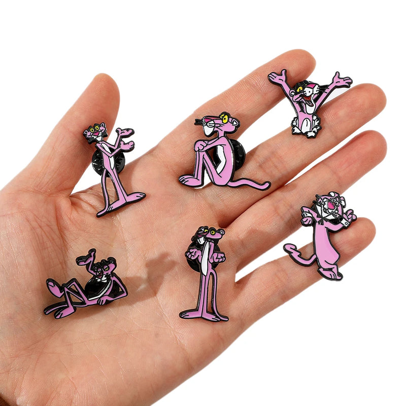 Broche criativo de desenho animado com 6 peças, broche de esmalte engraçado de pantera rosa, broche de metal, joias, roupas, mochila, acessórios, presente para amigos