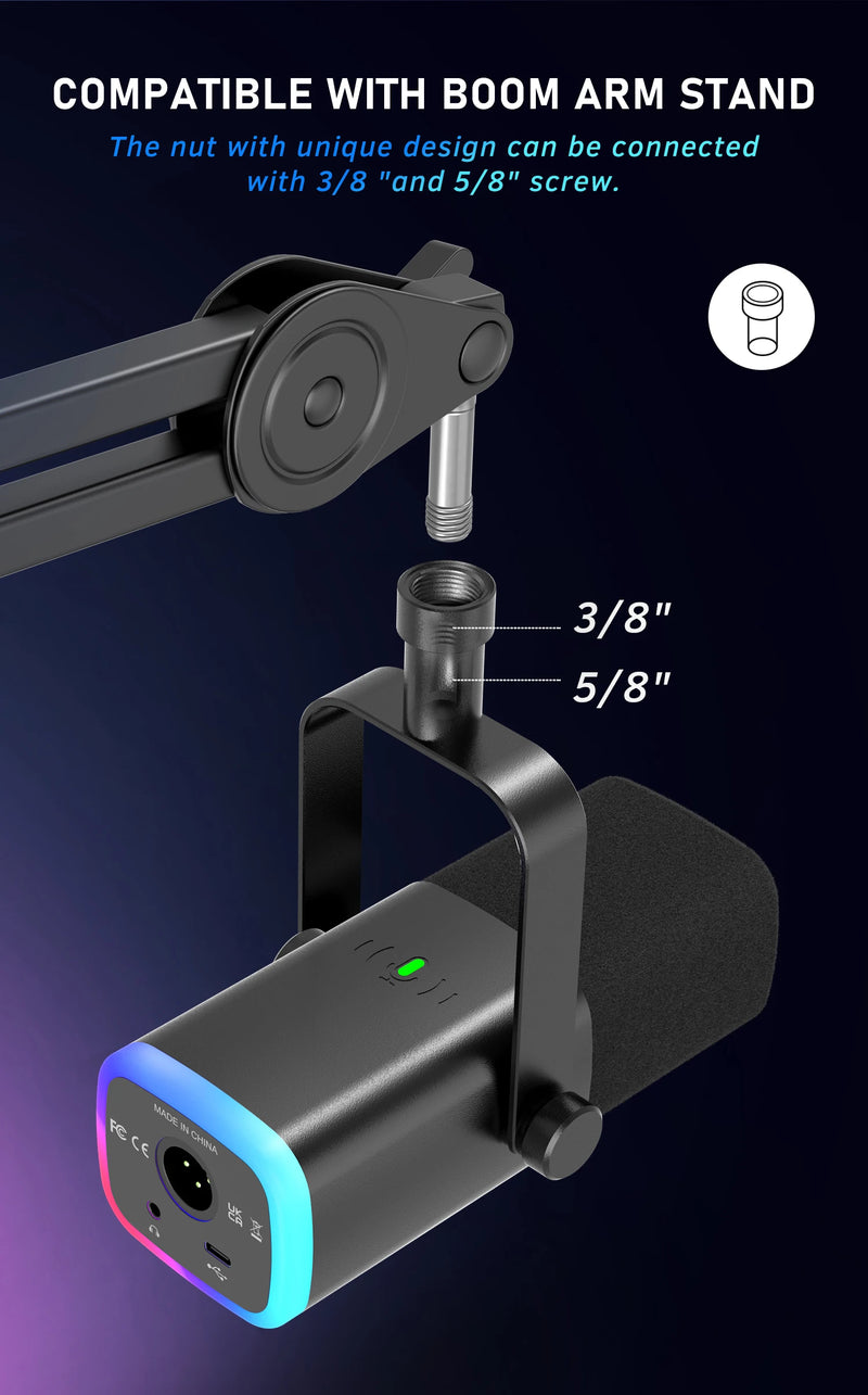 Microfone dinâmico FI fine USB/X LR com botão de silenciamento por toque, entrada para fone de ouvido, controles de E/S, para PC PS5/4 Michelle, jogo MI Camp AM8