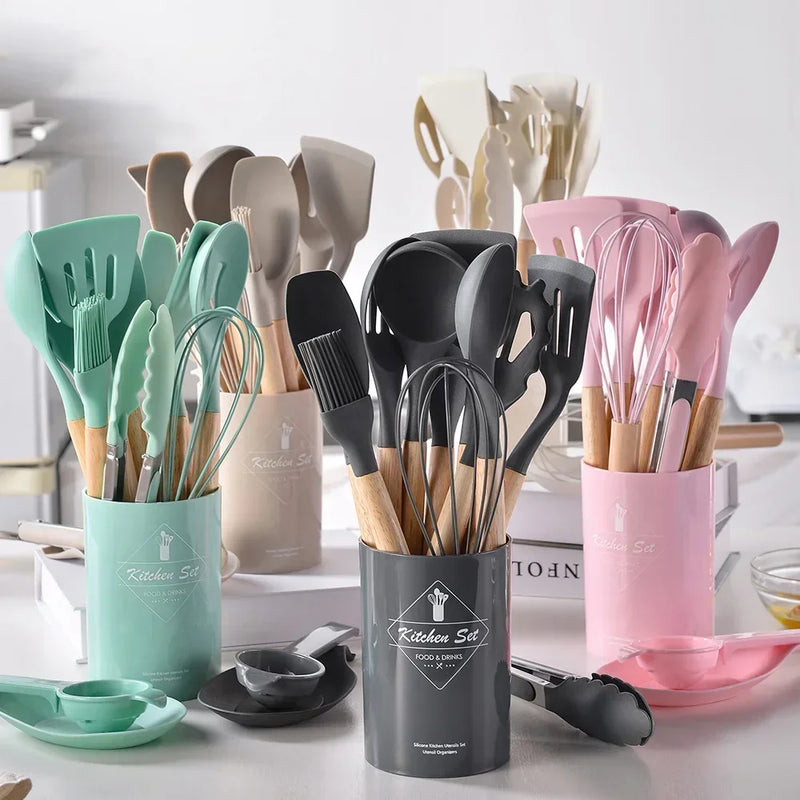 Conjunto de utensílios de cozinha de silicone com 12 peças, cabo de madeira, utensílios de cozinha antiaderentes, espátula, pá, batedores de ovos