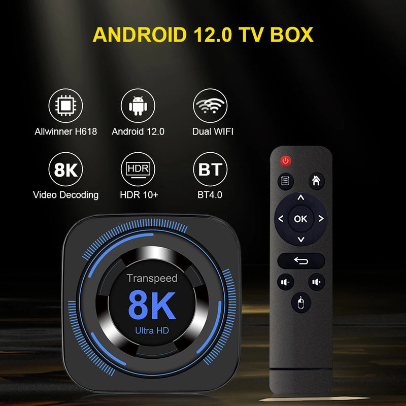 Trans Peed Android 12 TVB Ox All Winner H618 Dual WiFi Quad Core Cortex A53 Suporte 8K Vídeo 4K BT Voz Media Player Set Top Box