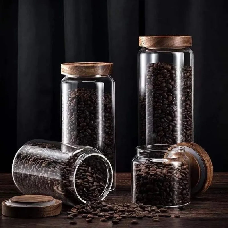 1 PC pequenos potes de vidro para armazenamento com tampa hermética colorida, recipiente para café com tampa de madeira, recipiente de vidro para feijão, arroz, açúcar