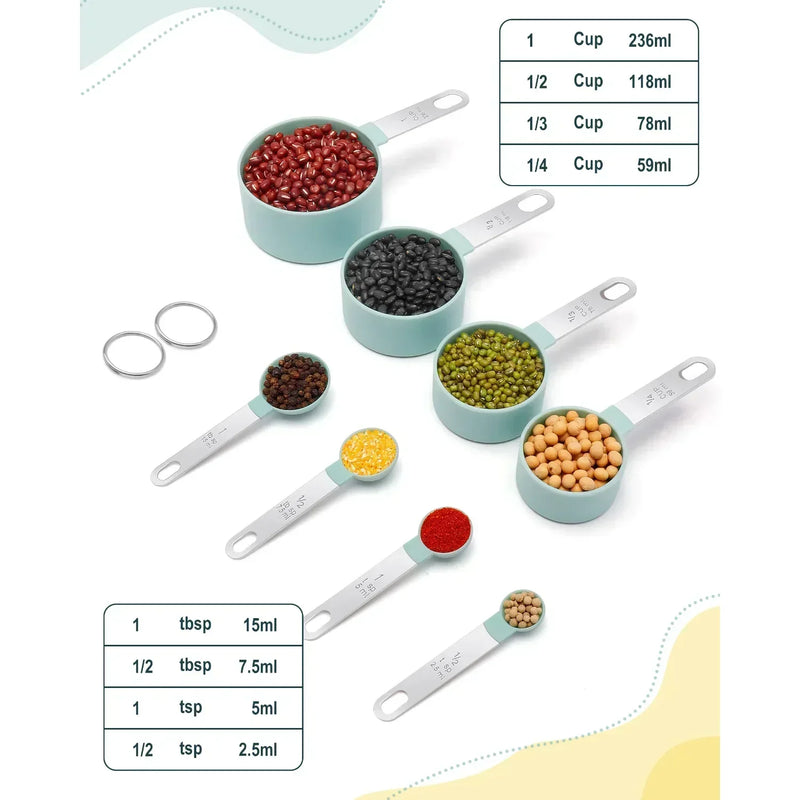xícaras e colheres medidoras, xícaras e colheres empilháveis, xícaras medidoras encaixáveis com alça, utensílios de cozinha para cozinhar e assar
