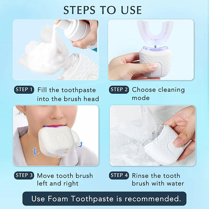 Escova de dentes em formato de U, ultrassônica, 360 graus, branqueadora infantil, silicone, automática, elétrica