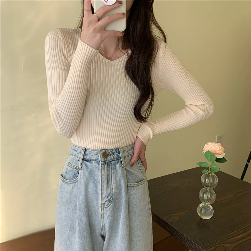 2025 Outono Inverno Mulheres Suéteres Casuais Manga Longa Malha Pulôver Suéter Feminino BÁSICO Sólido Jersey Tops Moda Roupas
