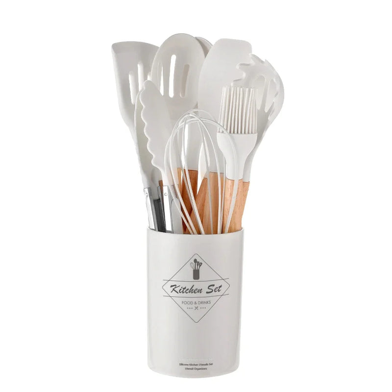Conjunto de utensílios de cozinha de silicone com 12 peças, cabo de madeira, utensílios de cozinha antiaderentes, espátula, pá, batedores de ovos