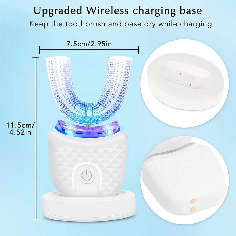 Escova de dentes em formato de U, ultrassônica, 360 graus, branqueadora infantil, silicone, automática, elétrica