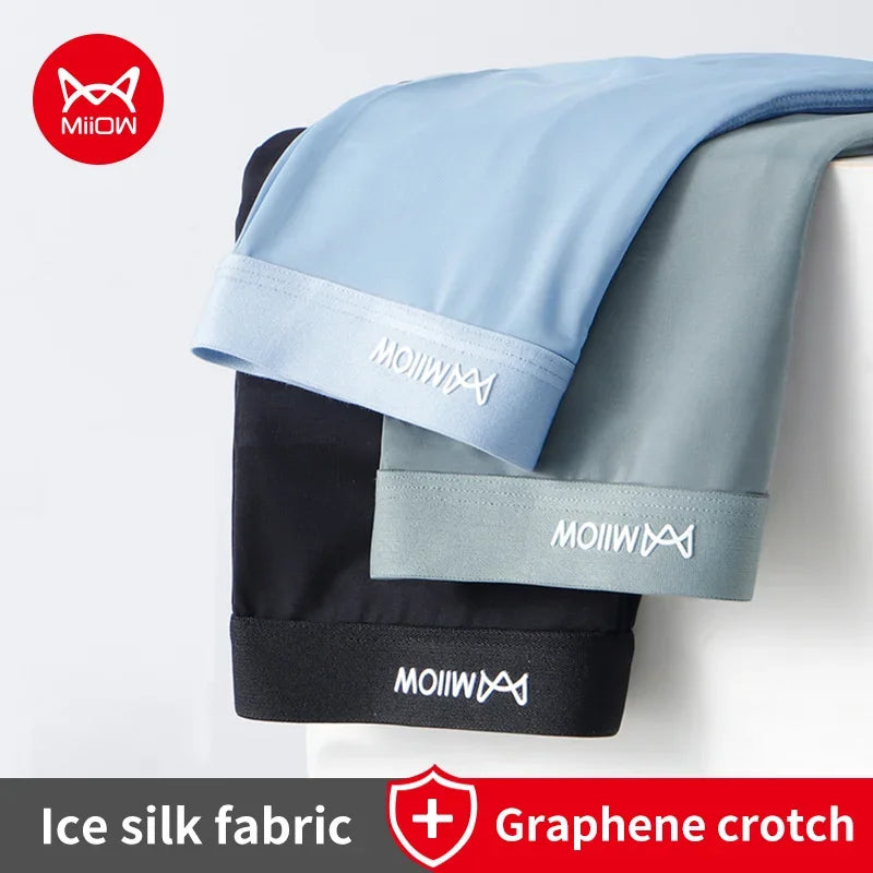 MiiOW 3 peças cuecas boxer masculinas de seda fina e gelada, grafeno, antibacteriano, roupa íntima masculina respirável e refrescante