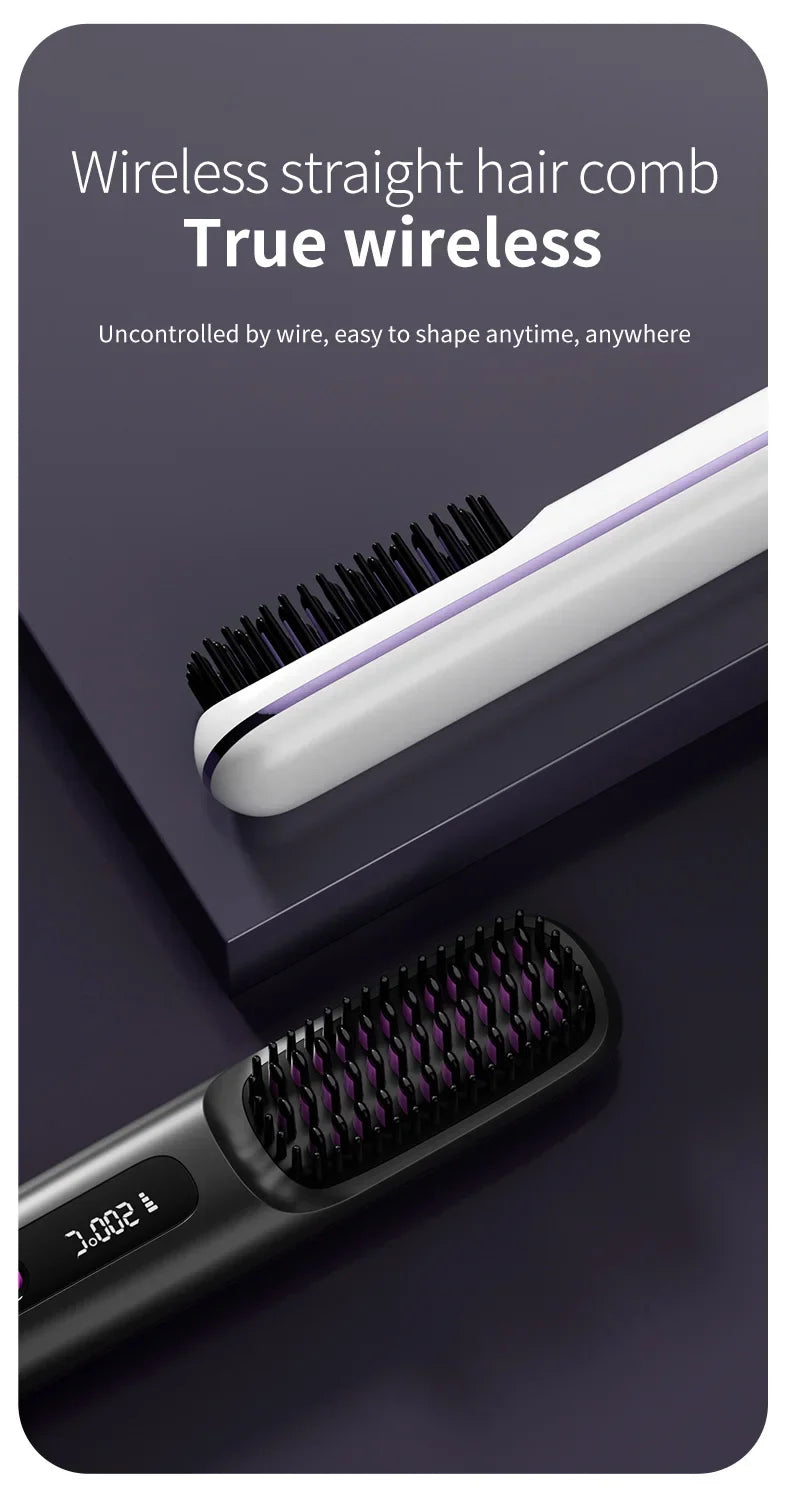 Pente elétrico de cabelo liso com aquecimento de cerâmica USB LCD, ferramenta de modelagem sem fio portátil com íons negativos, escova alisadora recarregável