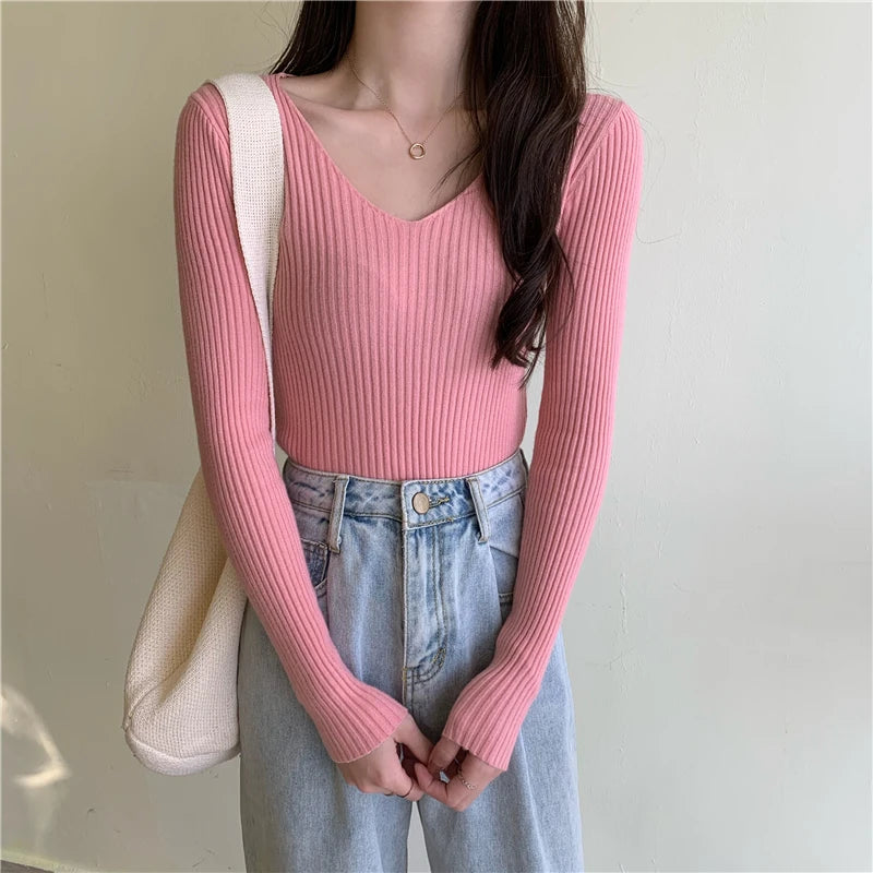 2025 Outono Inverno Mulheres Suéteres Casuais Manga Longa Malha Pulôver Suéter Feminino BÁSICO Sólido Jersey Tops Moda Roupas