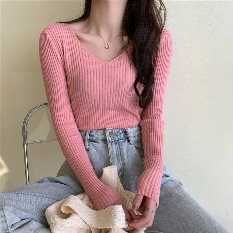 2025 Outono Inverno Mulheres Suéteres Casuais Manga Longa Malha Pulôver Suéter Feminino BÁSICO Sólido Jersey Tops Moda Roupas