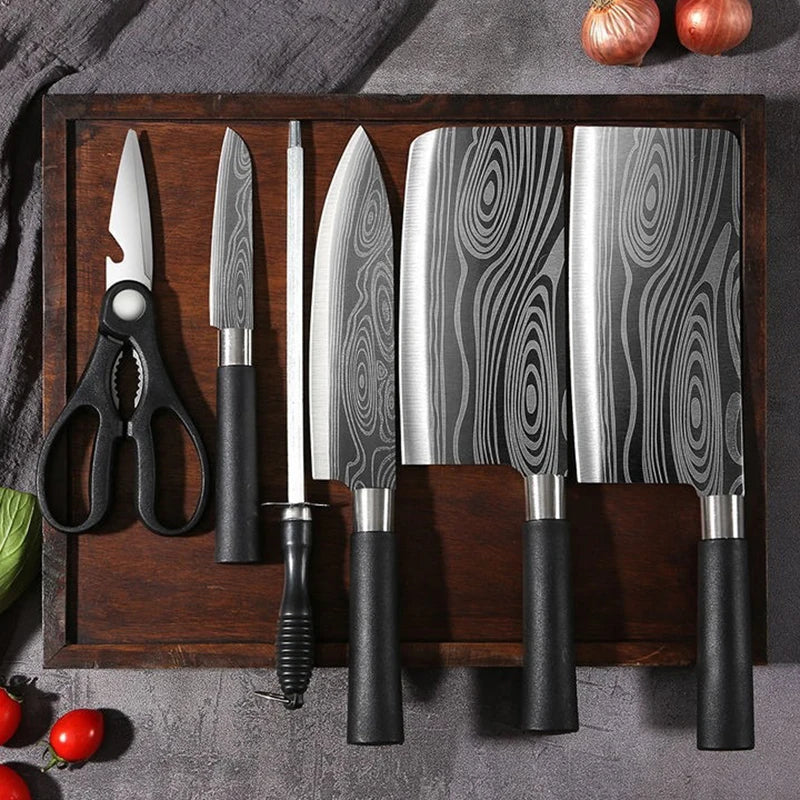 Conjunto de facas de cozinha utilitárias com padrão de damasco a laser, conjunto de hastes de afiação de tesouras, faca de chef afiada de aço inoxidável, ferramenta de cozinha