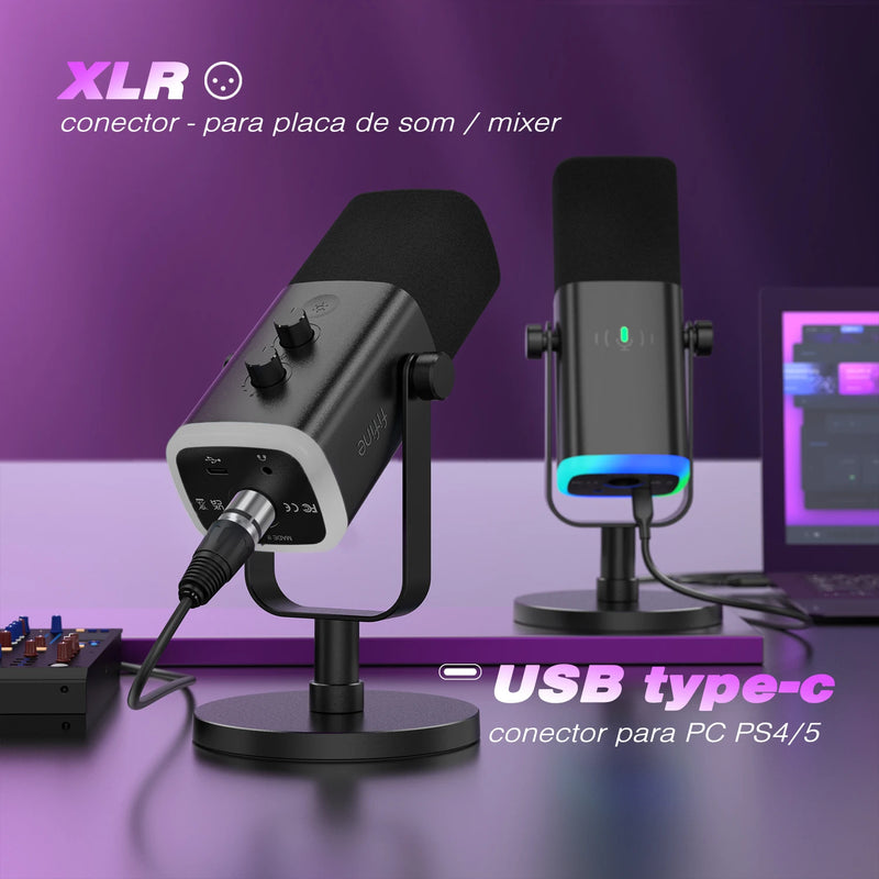 Microfone dinâmico FI fine USB/X LR com botão de silenciamento por toque, entrada para fone de ouvido, controles de E/S, para PC PS5/4 Michelle, jogo MI Camp AM8