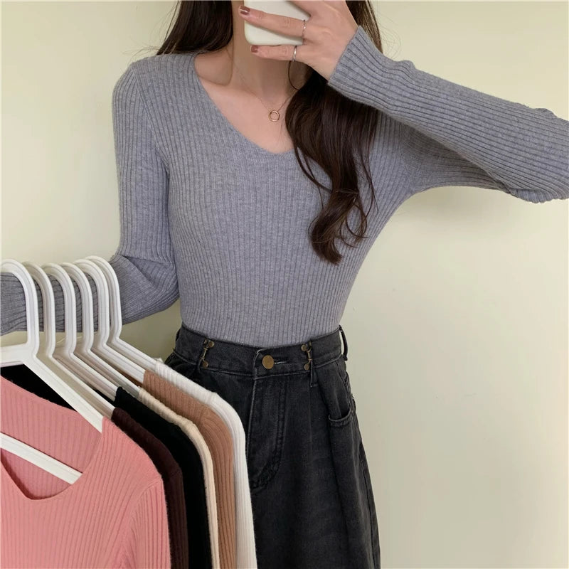 2025 Outono Inverno Mulheres Suéteres Casuais Manga Longa Malha Pulôver Suéter Feminino BÁSICO Sólido Jersey Tops Moda Roupas