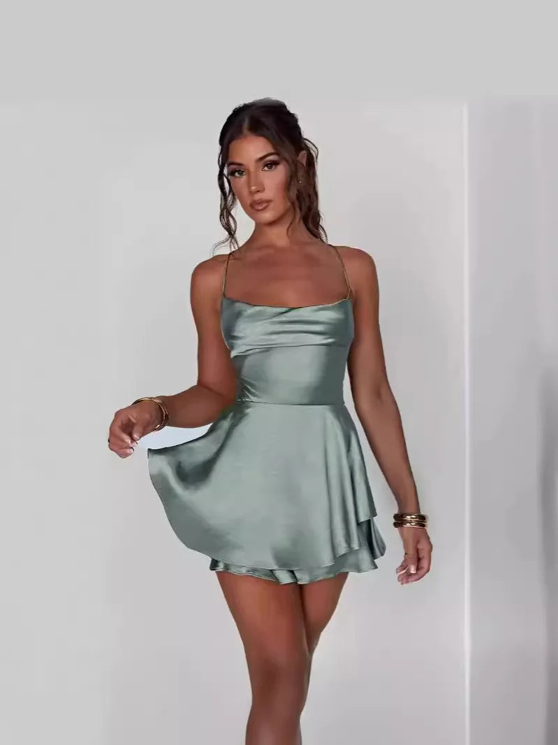 Verão Novo Popular Estilo Europeu e Americano Sexy Slimming Show Cor Sólida Vestido Curto Feminino