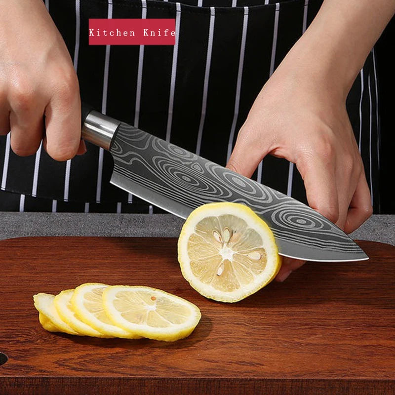 Conjunto de facas de cozinha utilitárias com padrão de damasco a laser, conjunto de hastes de afiação de tesouras, faca de chef afiada de aço inoxidável, ferramenta de cozinha