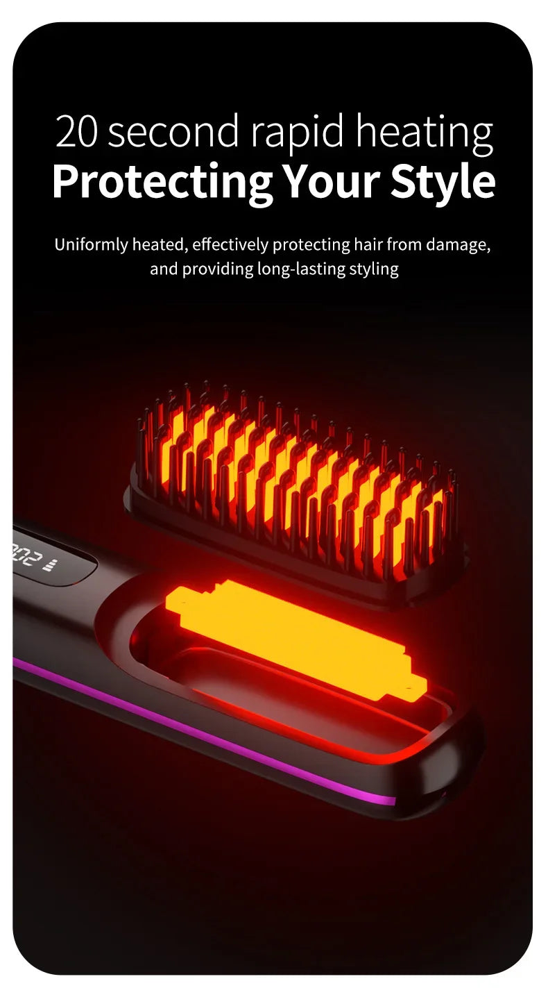 Pente elétrico de cabelo liso com aquecimento de cerâmica USB LCD, ferramenta de modelagem sem fio portátil com íons negativos, escova alisadora recarregável