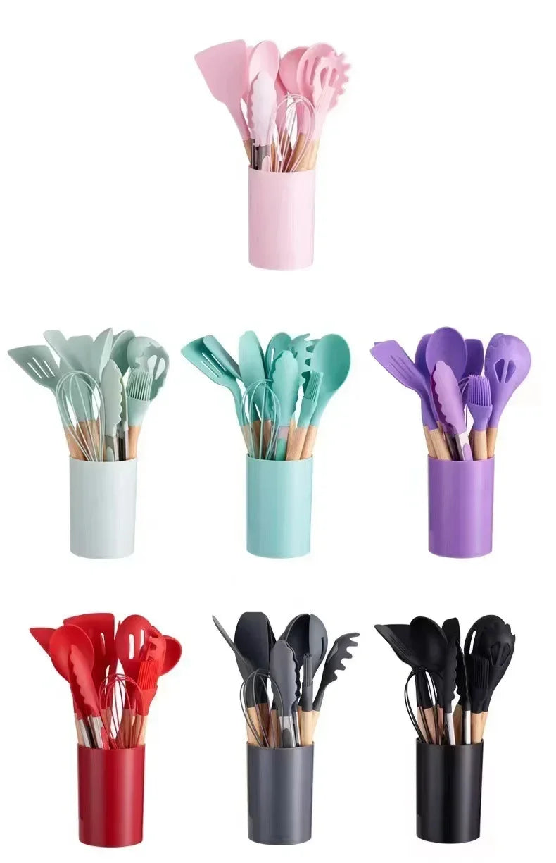 Conjunto de utensílios de cozinha de silicone com 12 peças, cabo de madeira, utensílios de cozinha antiaderentes, espátula, pá, batedores de ovos