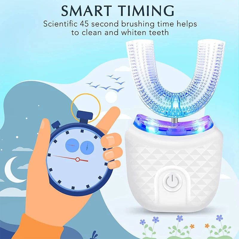 Escova de dentes em formato de U, ultrassônica, 360 graus, branqueadora infantil, silicone, automática, elétrica