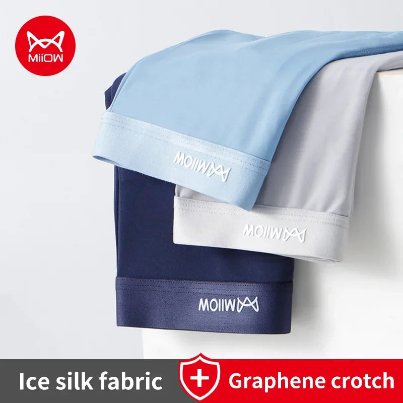 MiiOW 3 peças cuecas boxer masculinas de seda fina e gelada, grafeno, antibacteriano, roupa íntima masculina respirável e refrescante