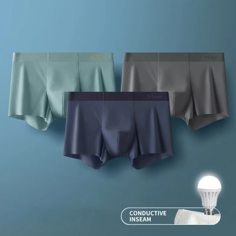 MIIOW 3 Peças Cueca Boxer Masculina de Seda Gelada Fibra Metálica Antiestática Cuecas Masculinas Sem Costura Bainha de Corte Cuecas Masculinas Boxers Shorts Trunk