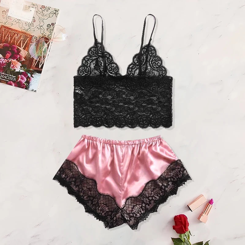 Conjunto de pijamas femininos 2 peças, verão 2025, novo, sexy, renda transparente, preto, rosa, roupas fofas, confortáveis, respiráveis, suspensórios e shorts
