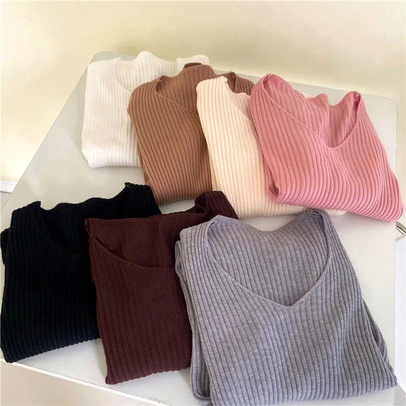 2025 Outono Inverno Mulheres Suéteres Casuais Manga Longa Malha Pulôver Suéter Feminino BÁSICO Sólido Jersey Tops Moda Roupas