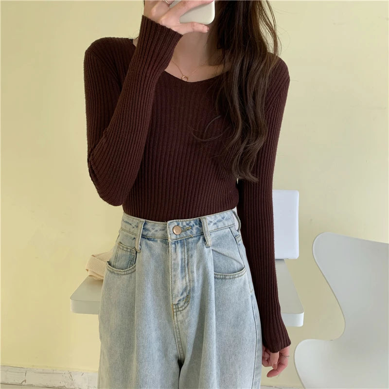 2025 Outono Inverno Mulheres Suéteres Casuais Manga Longa Malha Pulôver Suéter Feminino BÁSICO Sólido Jersey Tops Moda Roupas