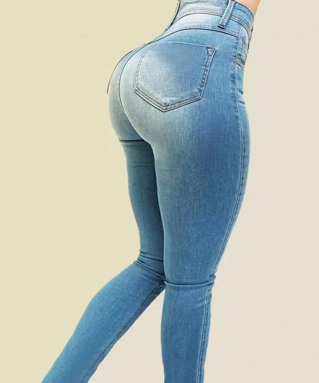 jeans de cor pura jeans de cintura alta